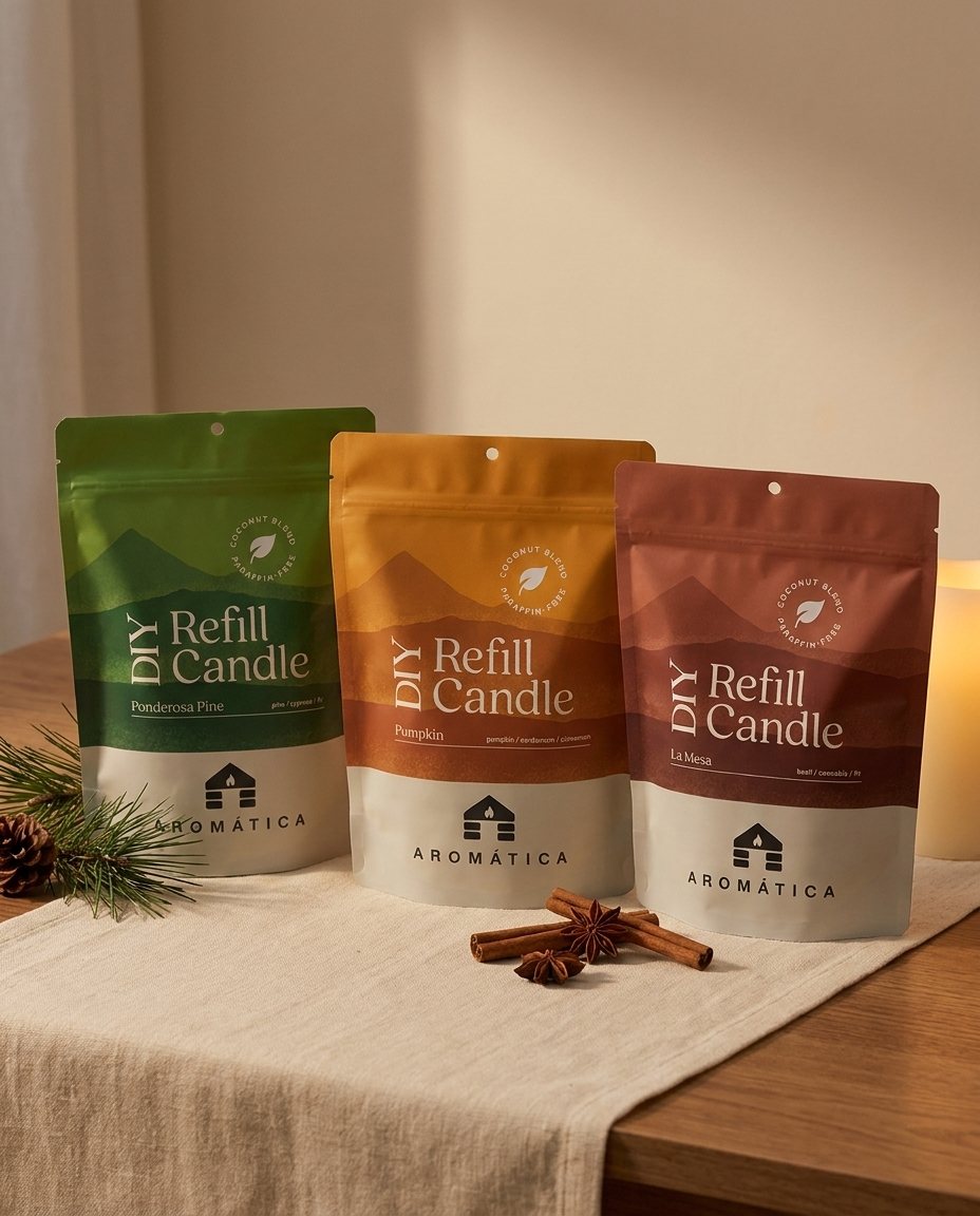 Three Aromática refill candle pouches on a linen runner