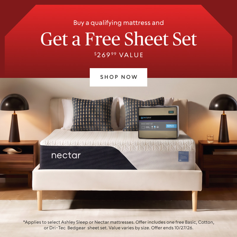 Get a free Bedgear sheet set valued at $269.99 with a qualifying Stearns & Foster mattress purchase.