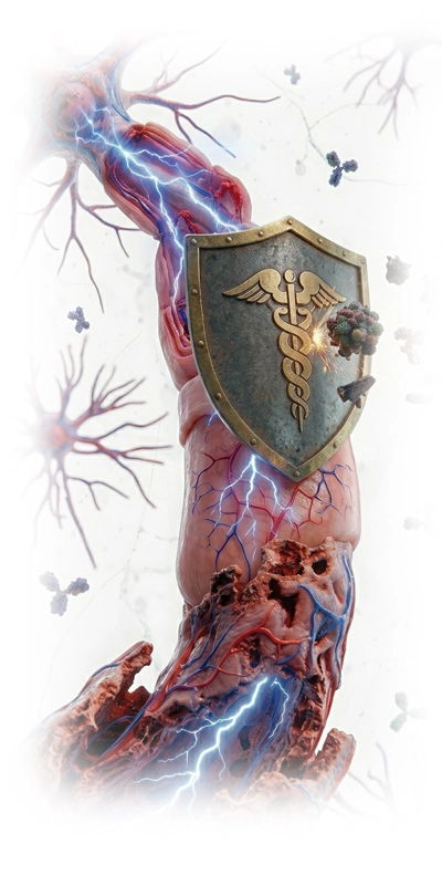 A shield over a heart with electric energy and nerve-like structures.