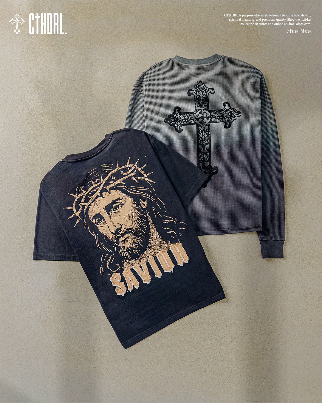 Two t-shirts featuring religious imagery and a cross design on the back.