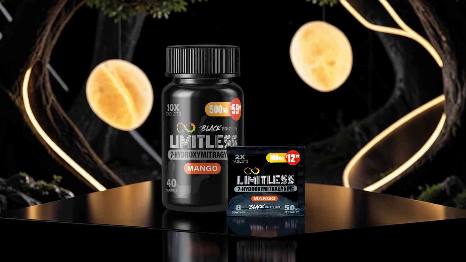 Bottles of dietary supplements displayed against a dark background with decorative elements.