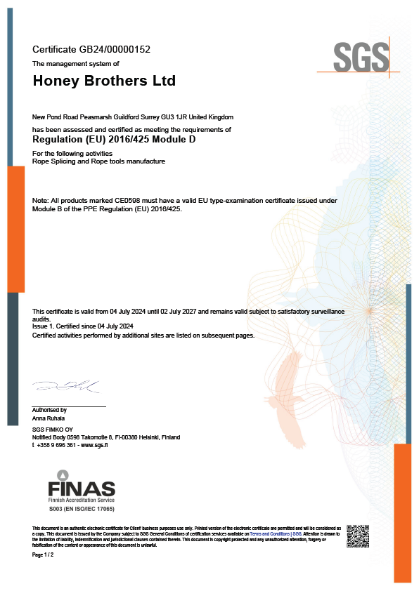 Certificate of compliance for Honey Brothers Ltd from SGS.