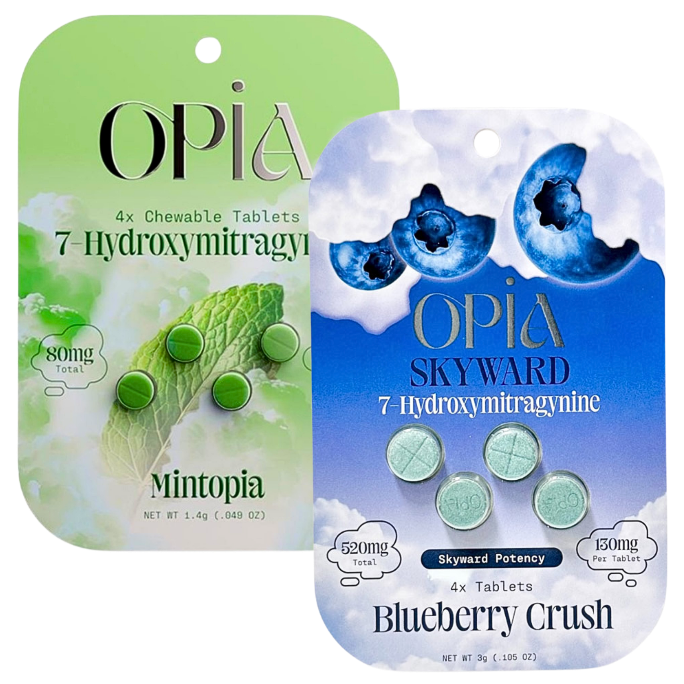 Two packages of OPiA chewable tablets in Mintopia and Blueberry Crush flavors.