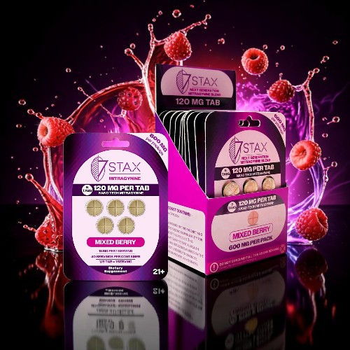 Dietary supplement packaging with vibrant background and pill blister packs.