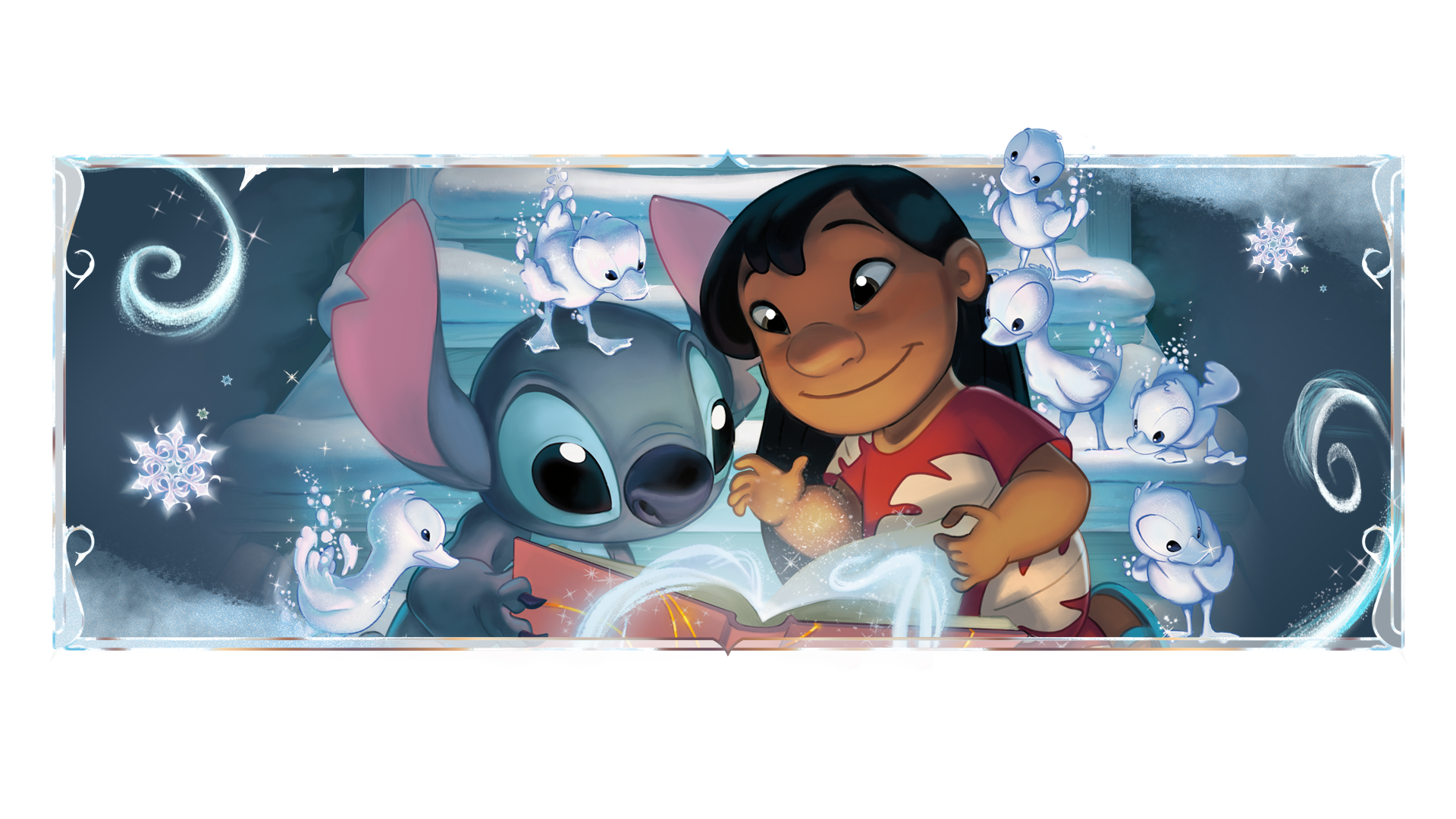 A girl and Stitch reading a book surrounded by magical creatures.