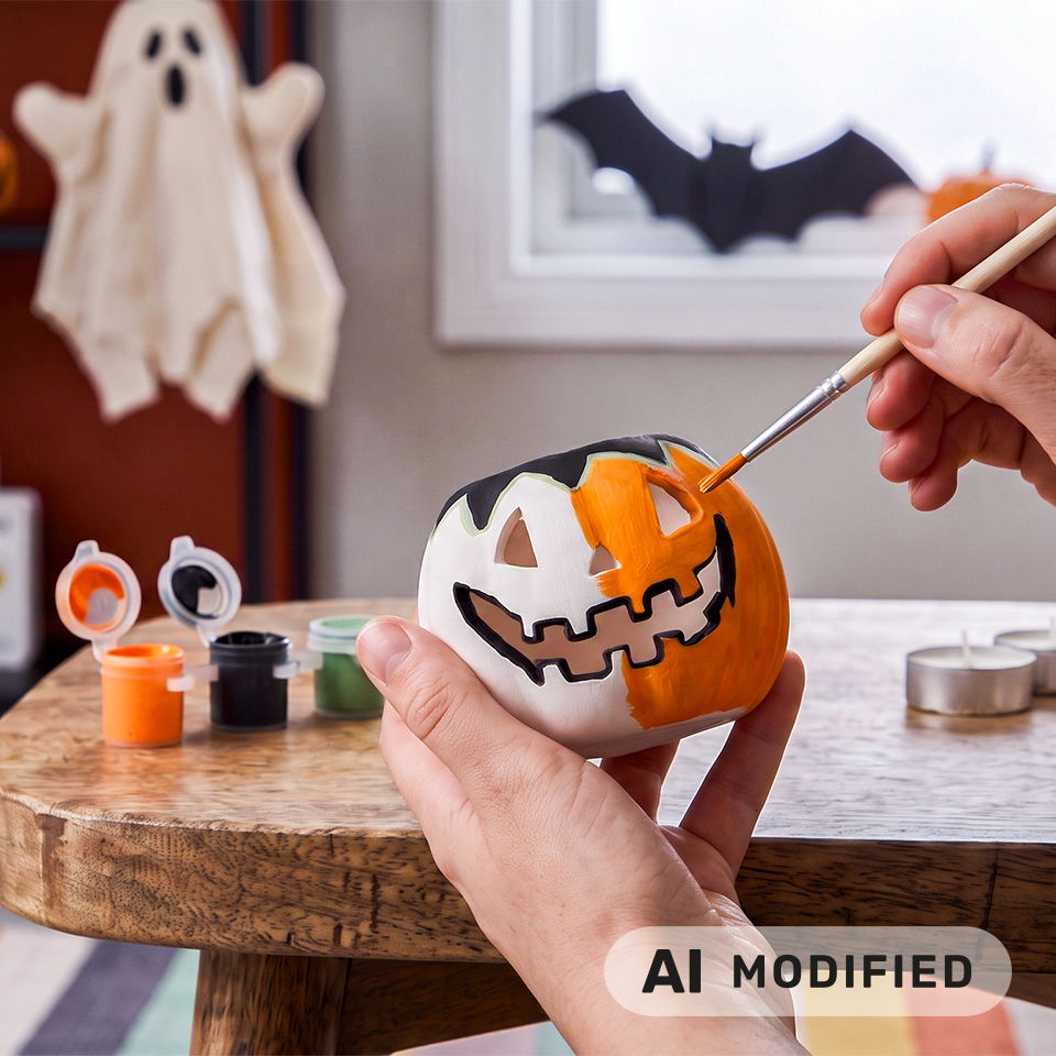 Personne peignant une citrouille d’Halloween avec des couleurs orange et noire.