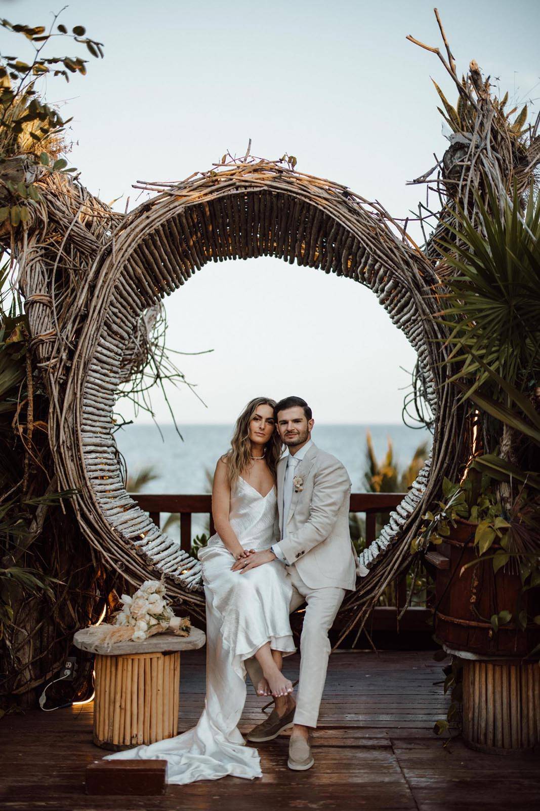 The bride and groom share a sweet moment 