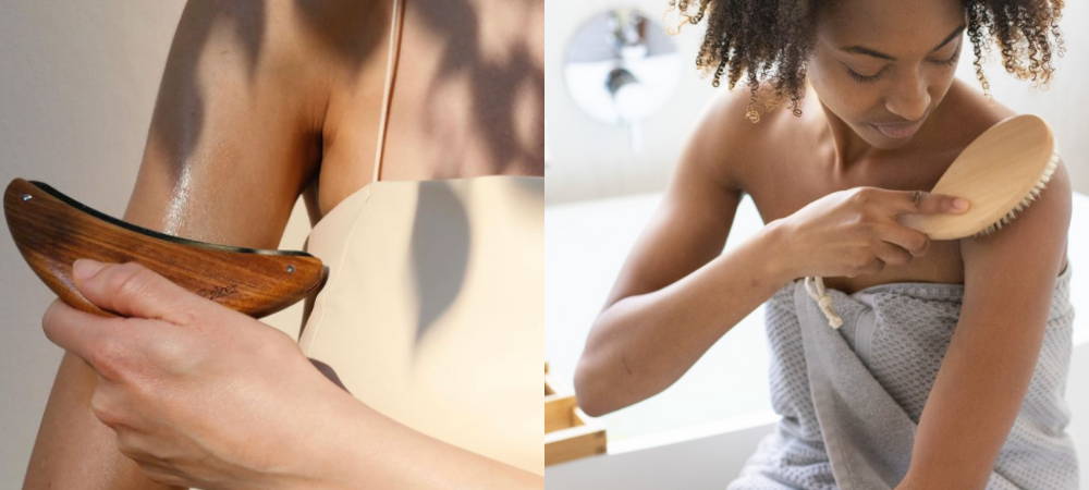Remove dirt, debris, and dead skin cells with the Esker Beauty Body Plane (left) or the Milk + Honey Body Brush (right).  Both provide additional benefits like aiding in boosting circulation and aiding in lymphatic draining.