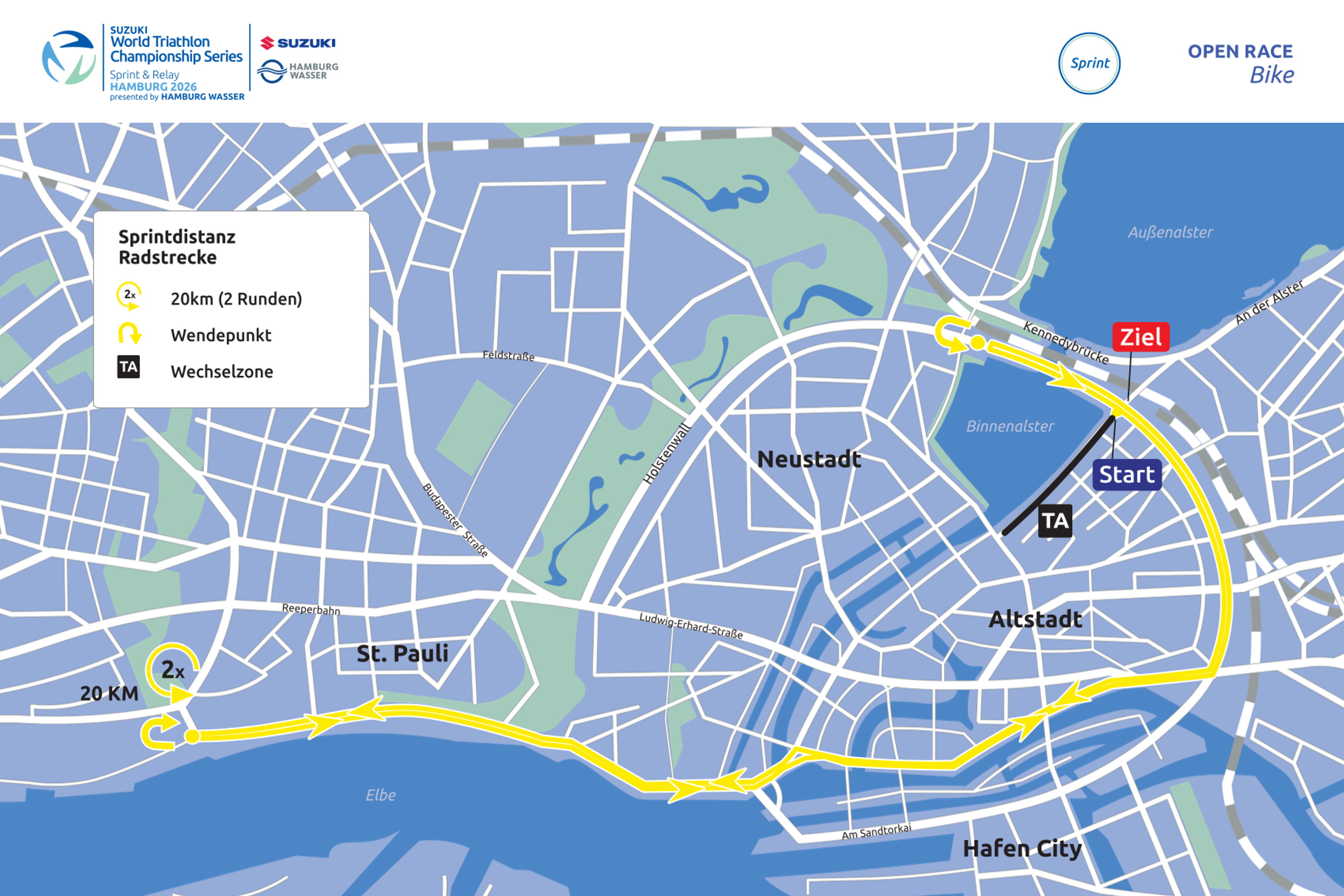 Radstrecke Sprintdistanz World Triathlon Championships Series Hamburg 2026.