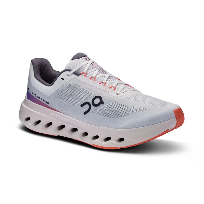 White running shoe with purple accents and distinctive sole design.