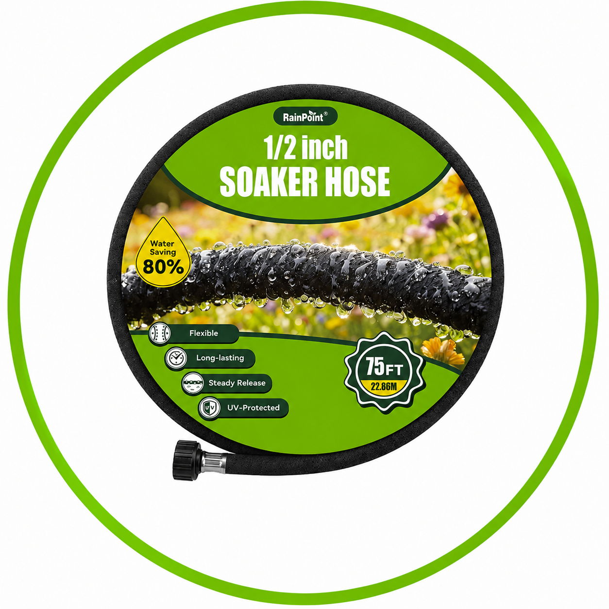 Soaker hose packaging with product details and a floral background.