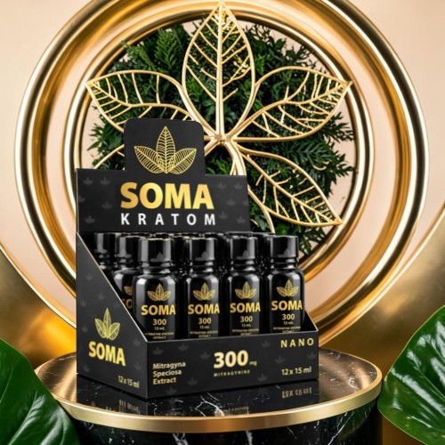 SOMA Kratom bottles displayed against a decorative leaf background.
