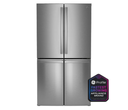 Stainless steel four-door refrigerator with energy efficiency label.