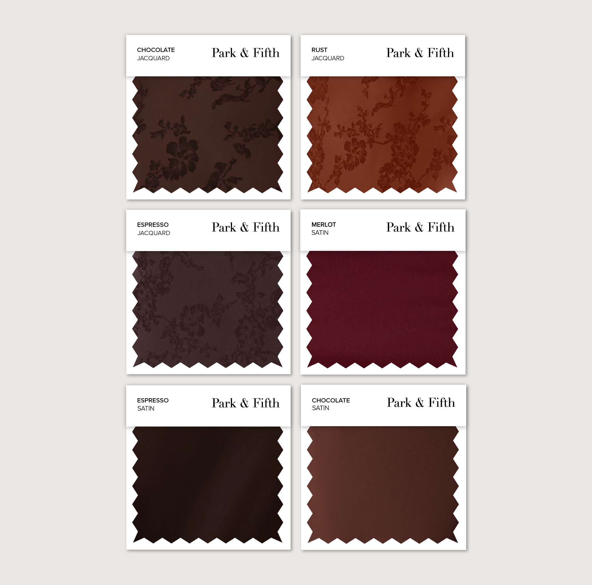 Swatches of dark red and brown fabric samples arranged in a grid.