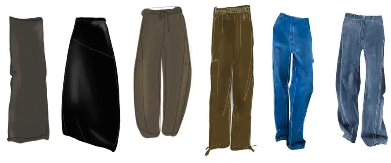 Various styles of pants in different colors and materials.