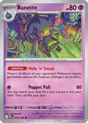 A Pokémon card featuring Banette with abilities and attack details.