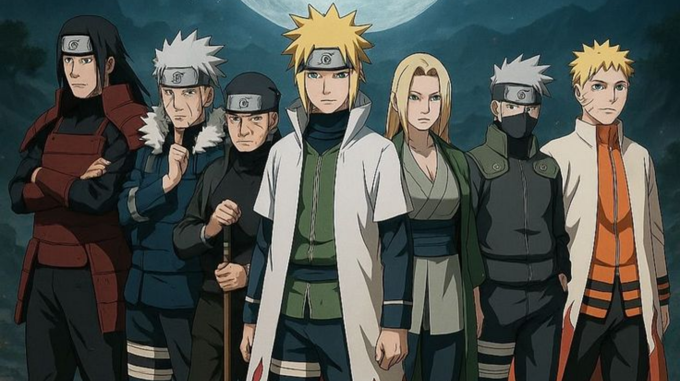 Illustration of different Naruto Hokage characters including First to Seventh Hokage in official-style lineup artwork