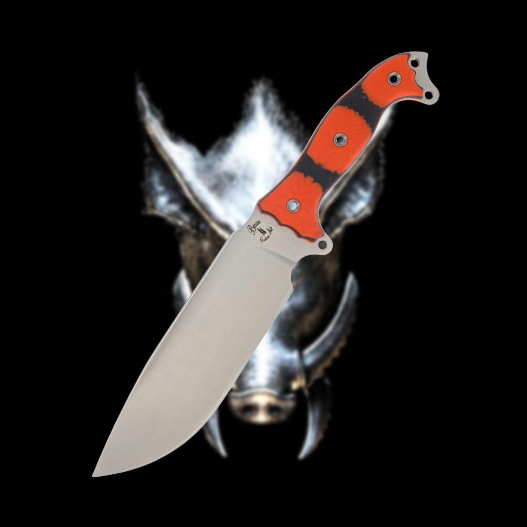 A knife with an orange and black handle against a wolf background.