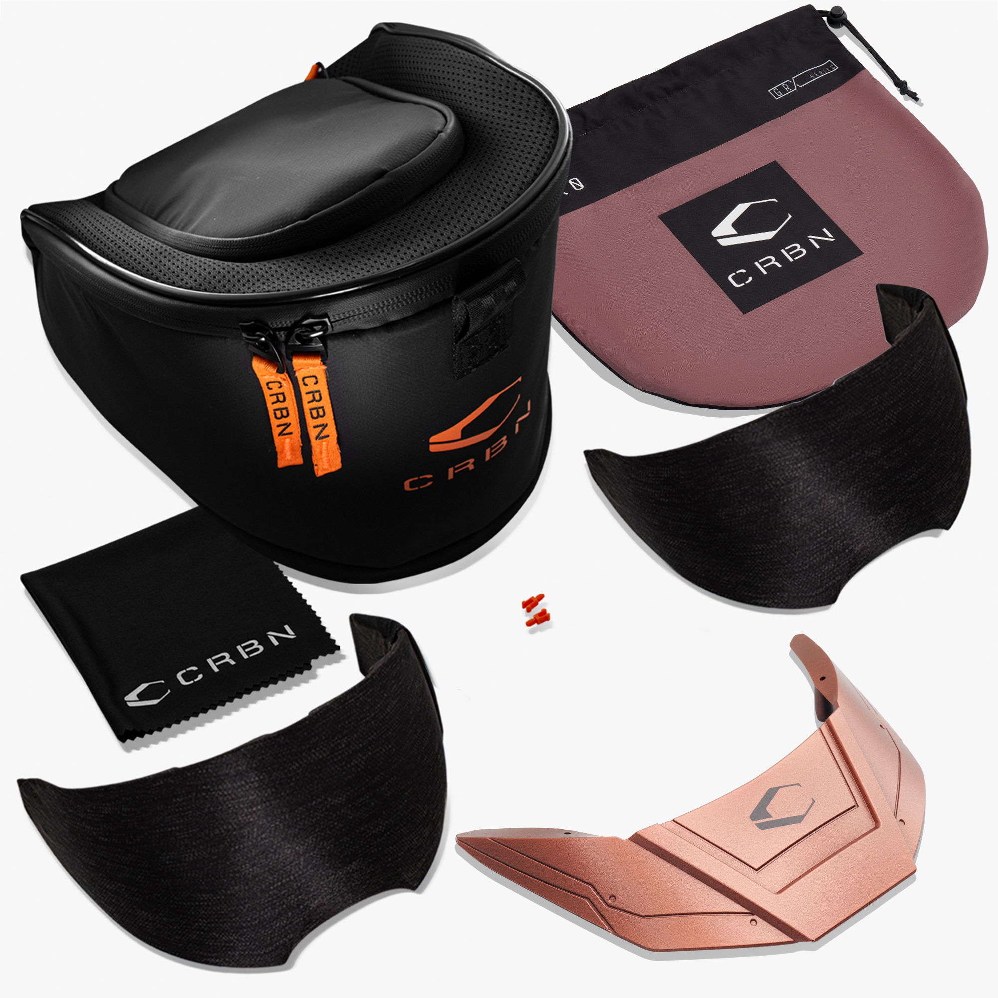 Various components of a paintball mask and accessories displayed on a white background.
