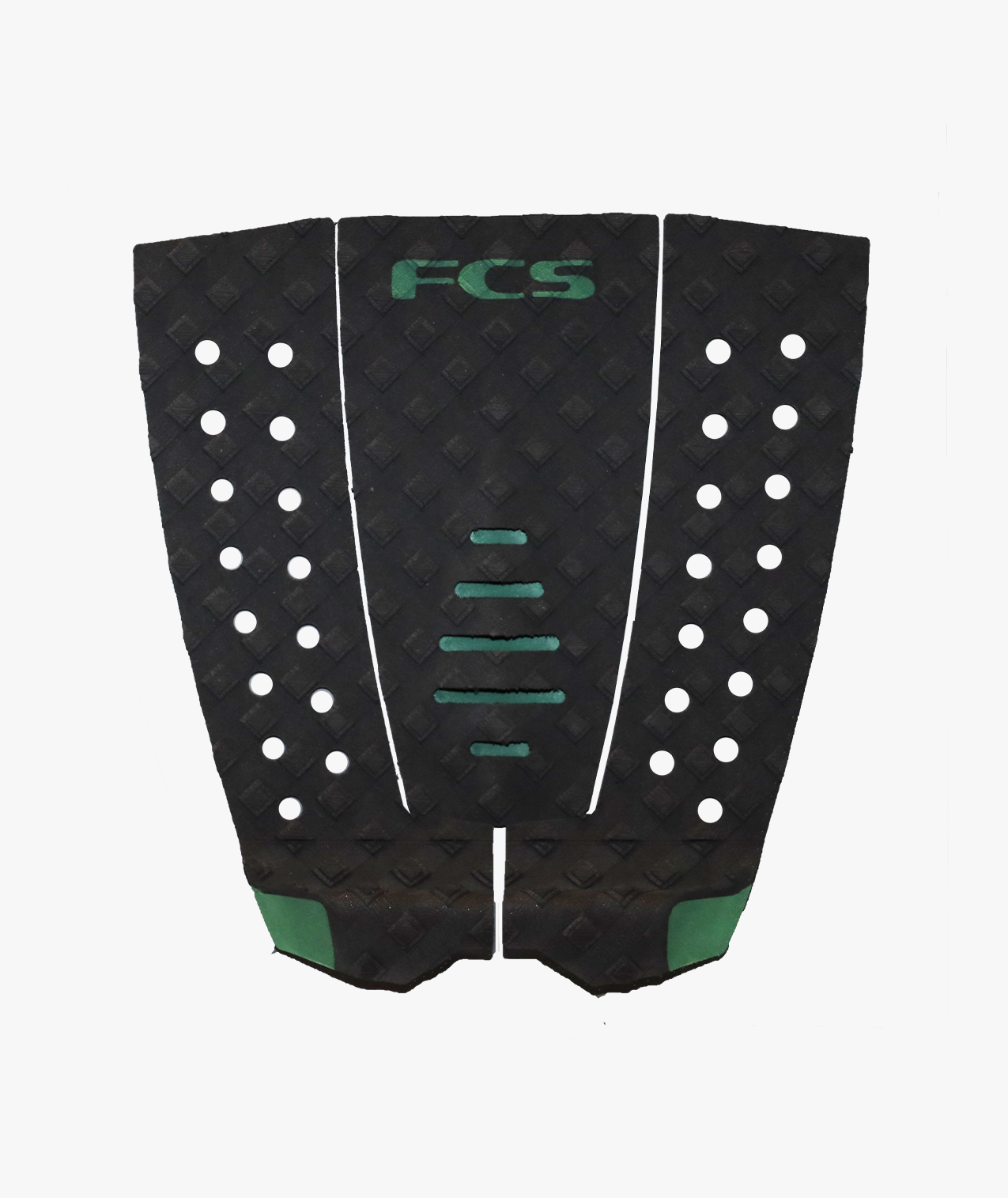 FCS surfboard traction pad in black with green accents and perforated design.