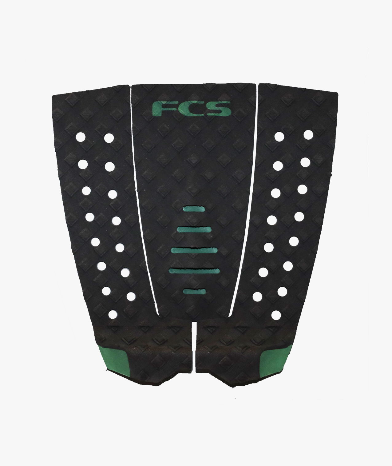 FCS surfboard traction pad in black with green accents and perforated design.
