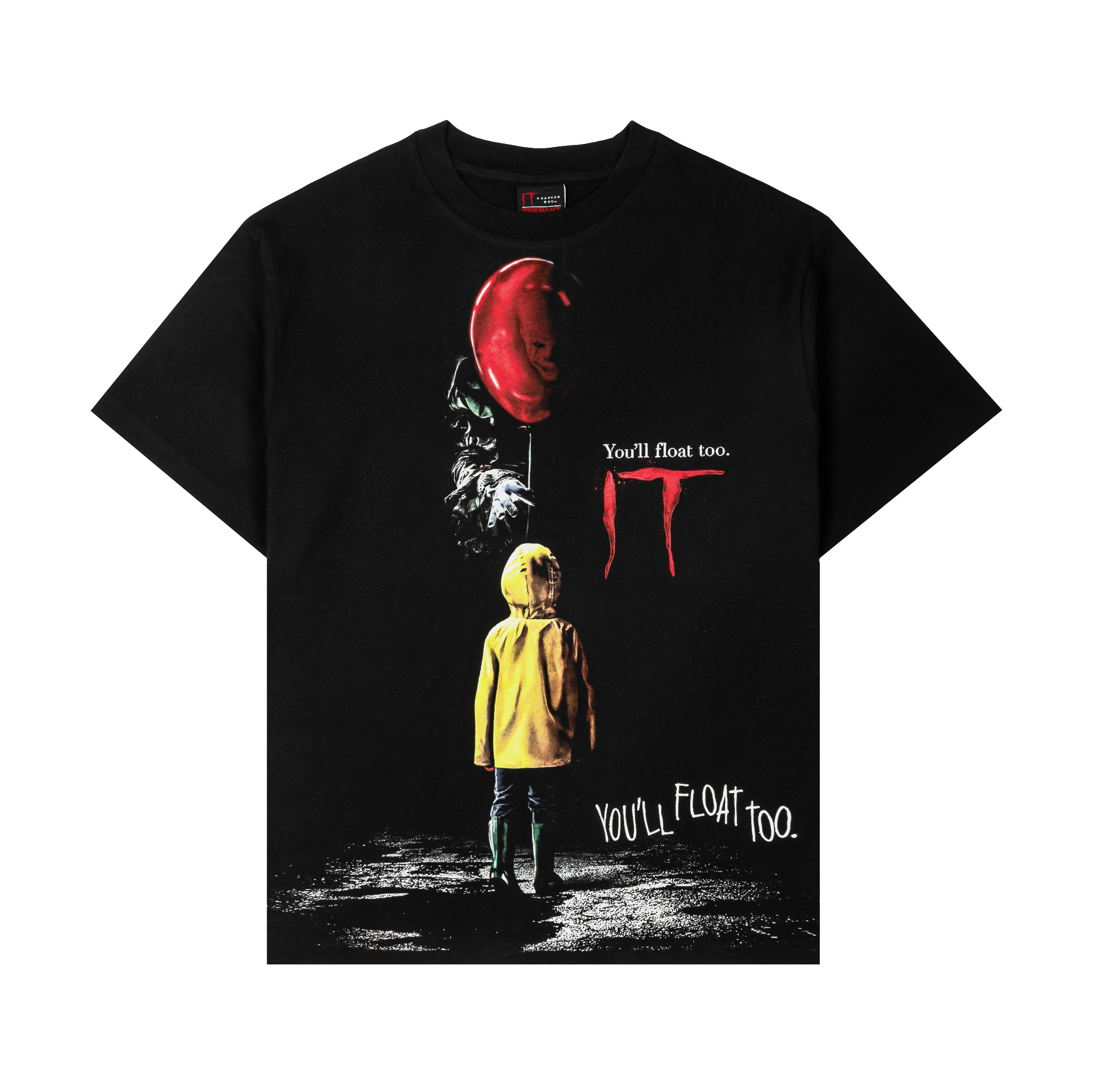 Black t-shirt featuring a child in a yellow raincoat and a red balloon.