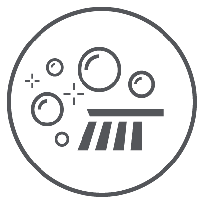 Cleaning icon with bubbles and a brush in a circular design.