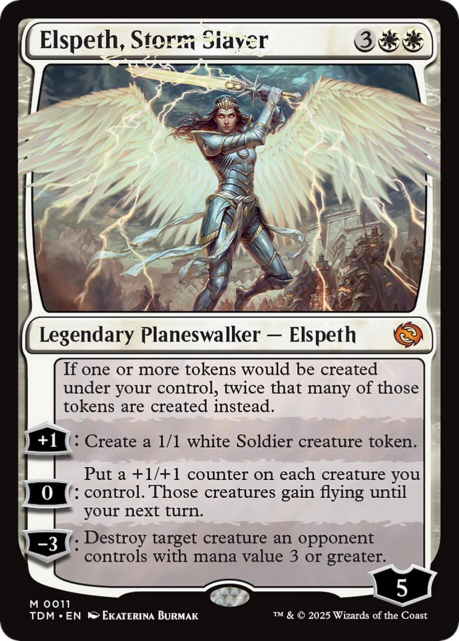 Elspeth, Storm Slayer, Legendary Planeswalker card with abilities and costs.