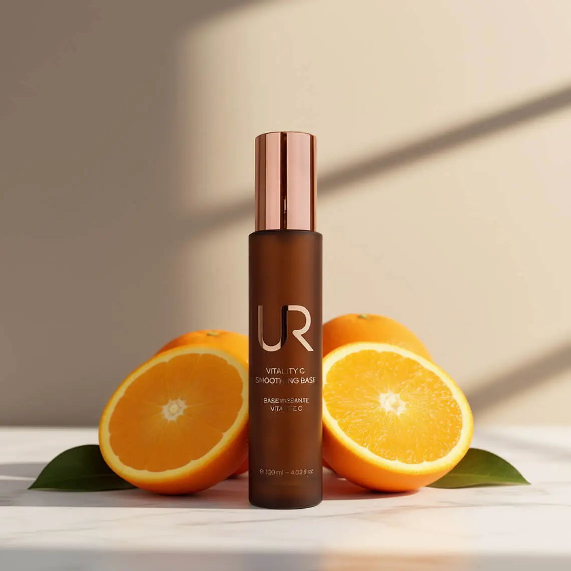 Bottle of UR Vitality C product with orange halves and leaves.