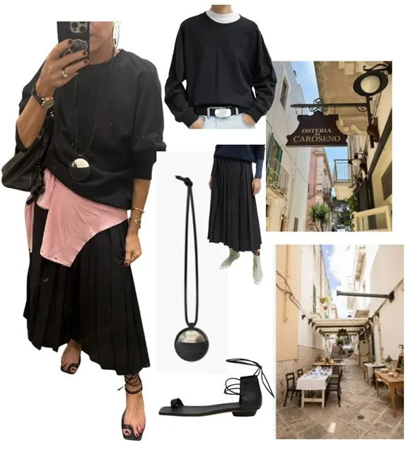 Fashion collage featuring outfits and a street scene.