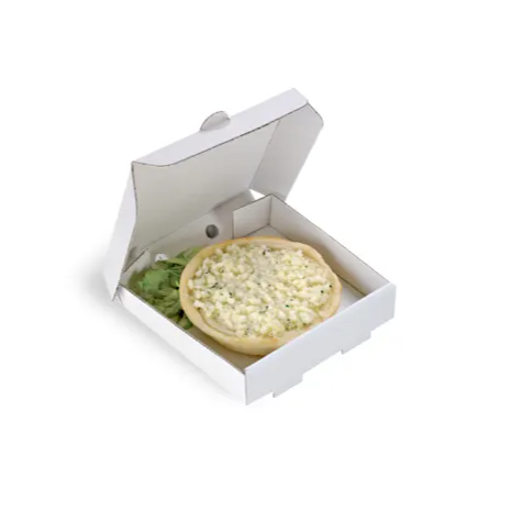 A white paper mini pizza box containing a mini pizza