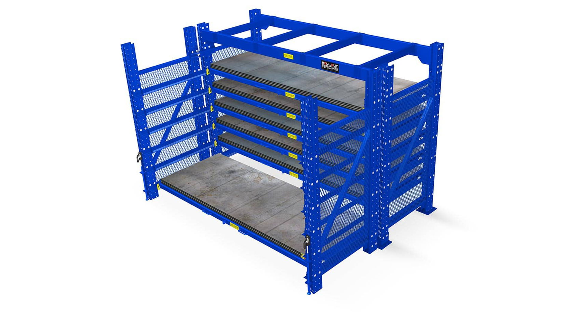 Blue industrial shelving unit with multiple storage levels.