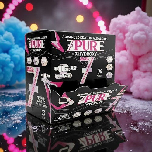 Black box of 7 Pure Hydroxy with colorful background smoke.