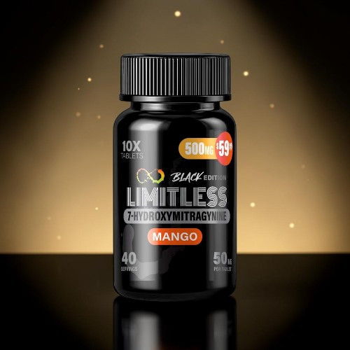 Black bottle of Limitless dietary supplement, mango flavor, 40 servings.