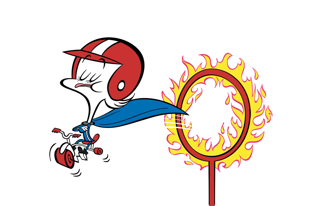 illustrated character jumping through a flaming hoop