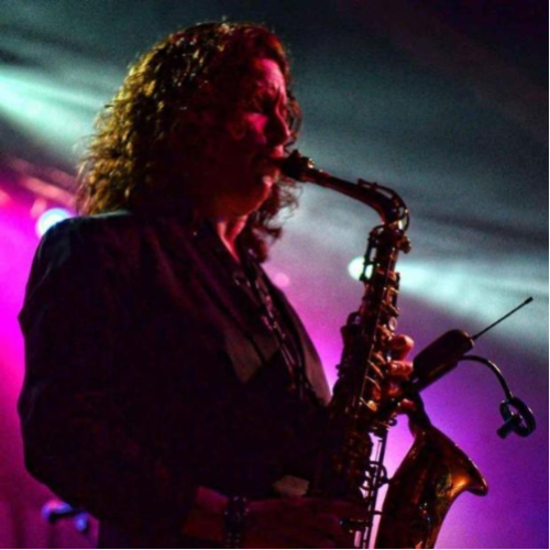Saxophonist Donna Schwartz playing alto saxophone