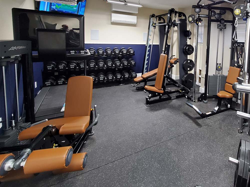 Garage gym with custom colored upholstery on selectorized strength equipment. Functional trainer, dumbbells, and other Life Fitness equipment