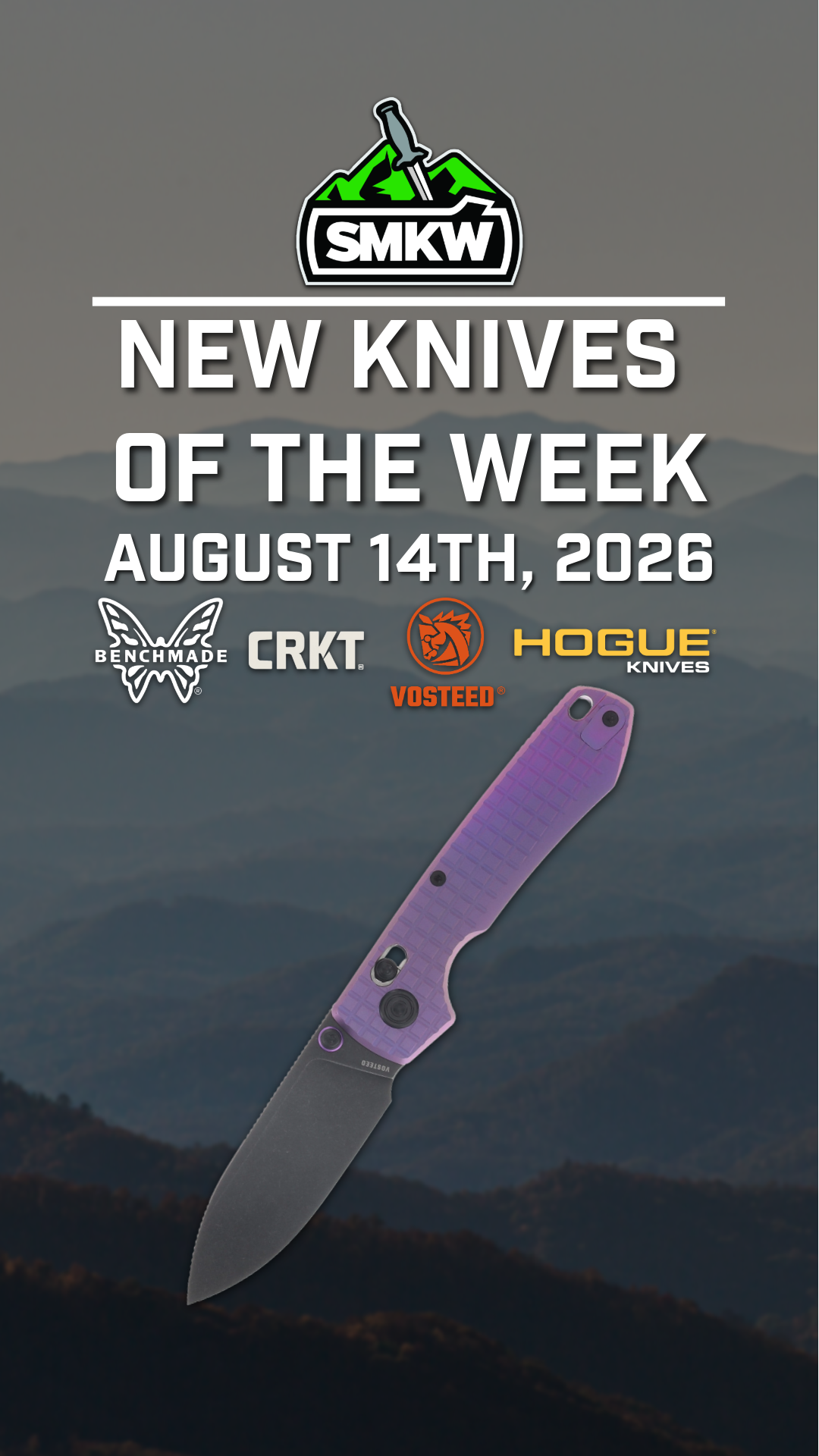 Promotional image featuring new knives for the week of August 14th, 2026.