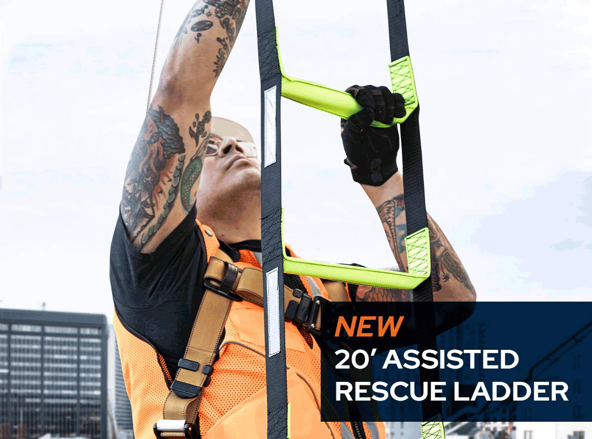 Construction worker climbing up 20' assisted rescue ladder