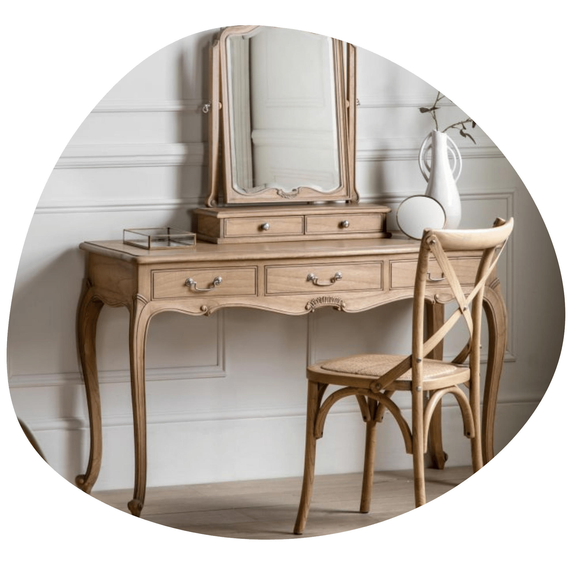 MARIE mindy wood french style dressing table in weathered finish | malletandplane.com
