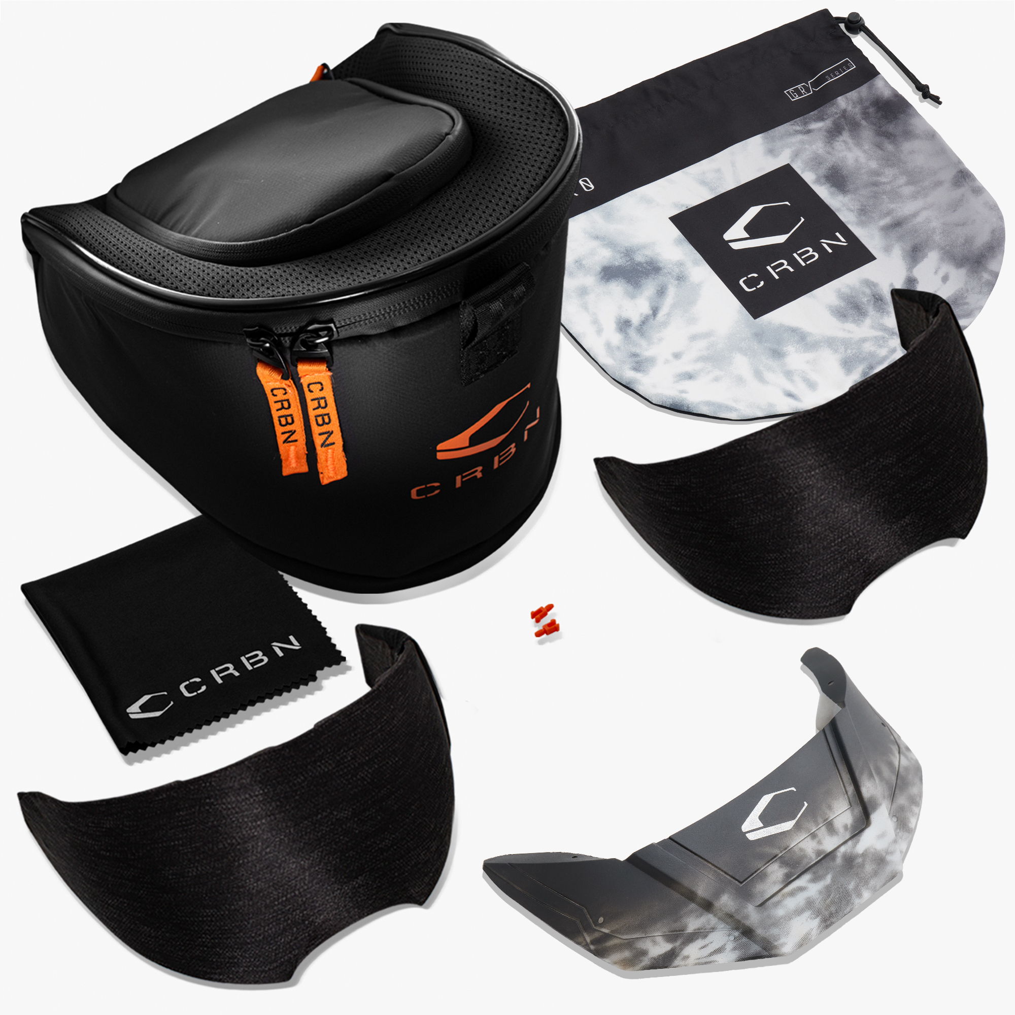 Paintball mask accessories and storage case on a white background.