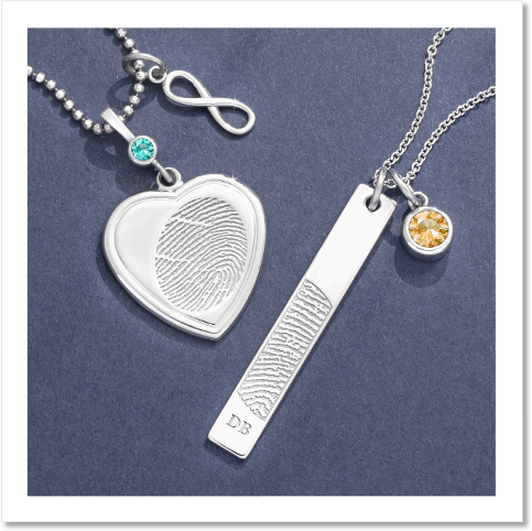 sterling silver fingerprint heart pendant and vertical bar pendant