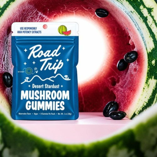 Pack of mushroom gummies inside a watermelon slice.