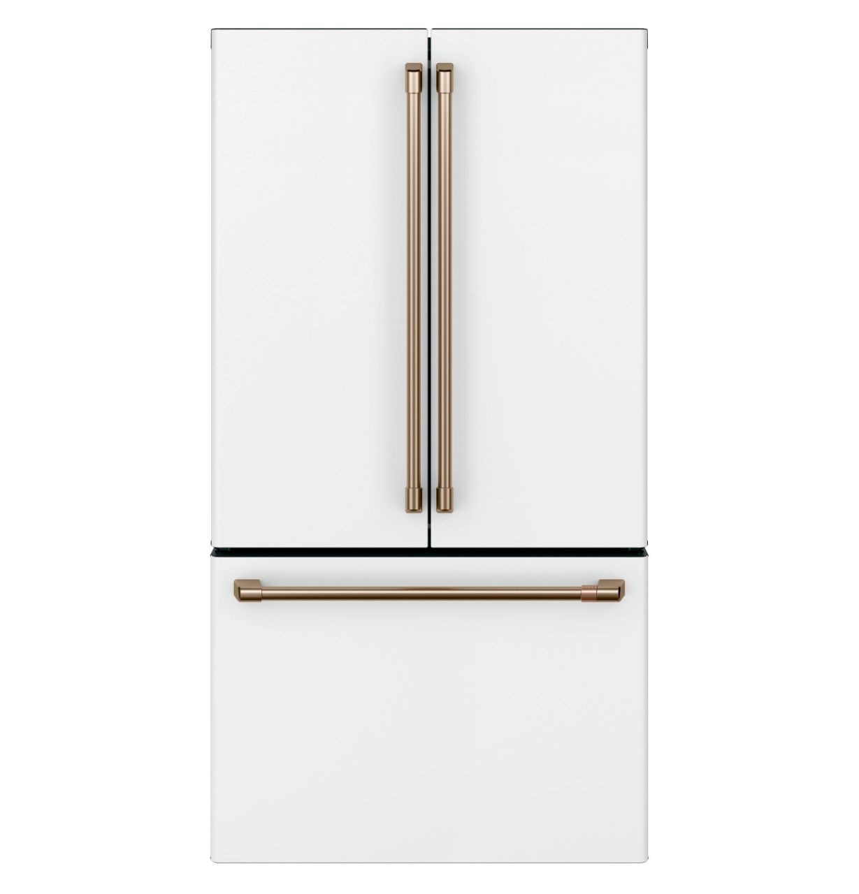 White refrigerator with bronze handles and bottom freezer design.