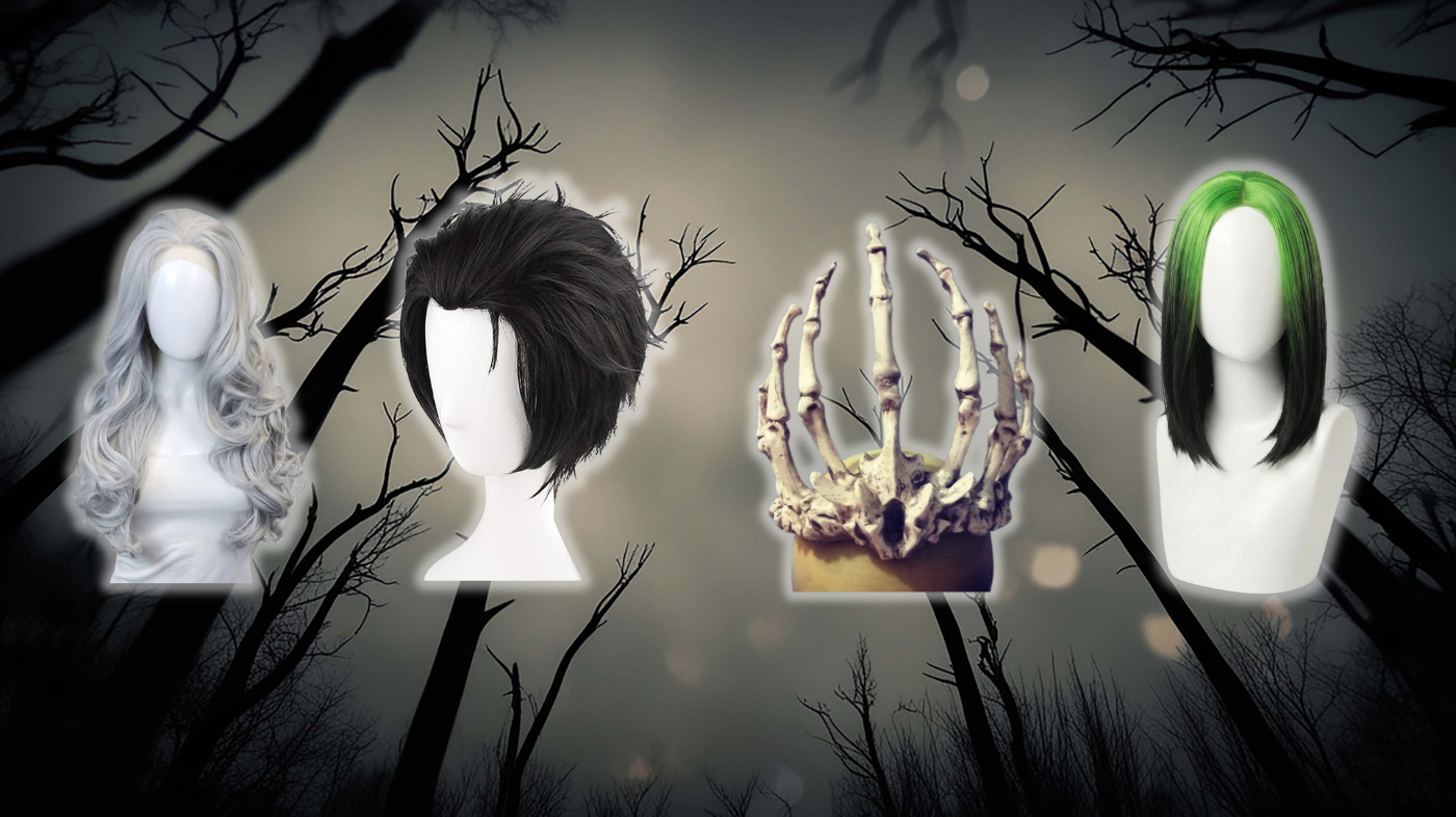 Skeleton cosplay hair and headpieces including white wigs, slicked-back styles, and gothic accessories for a spooky look