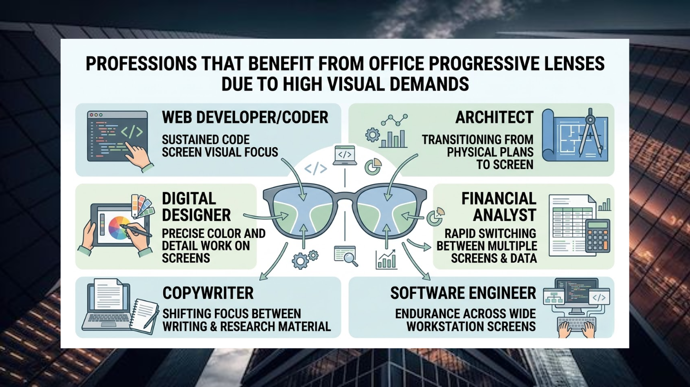 Infographic showing professions that benefit from office progressive lenses due to high visual demands.