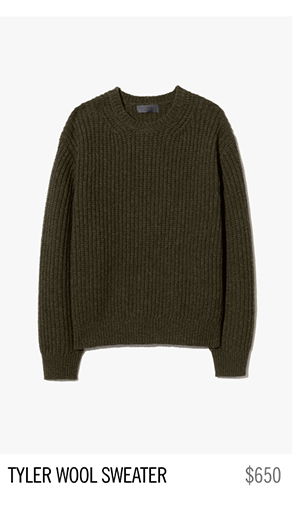 Olive green ribbed wool sweater titled 