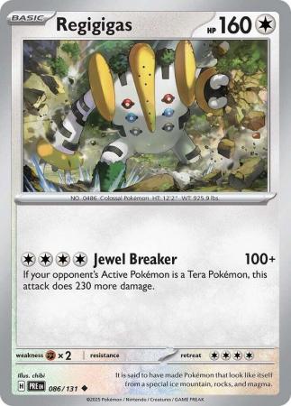 Regigigas Pokémon card featuring attack details and artwork.