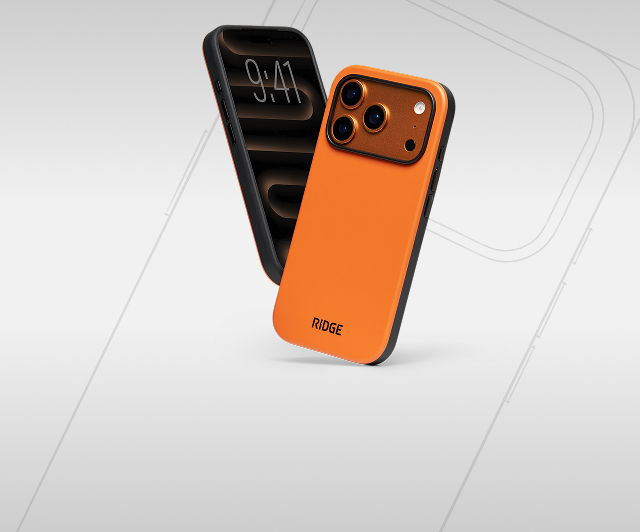 Orange phone case with camera cutout, displayed alongside a black phone.