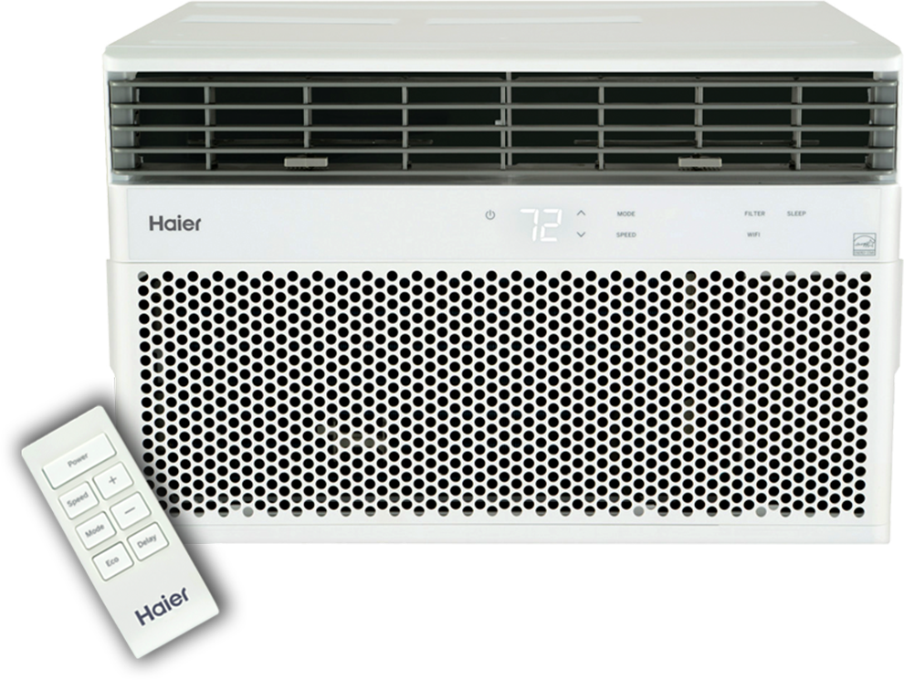 Haier room air conditioner shown with remote control. Clearance sale. Up to 30% off air conditioners. While supplies last.
